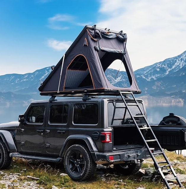 UPLAND Rooftop Tent Hard Shell for Camping, Aluminium Pop Up Roof Top Tent, Van Jeep Car SUV Truck Triangle Shell Tents, Hardshell Rooftop Tent Anti UV with Luggage Bars, Ladder, LED Light