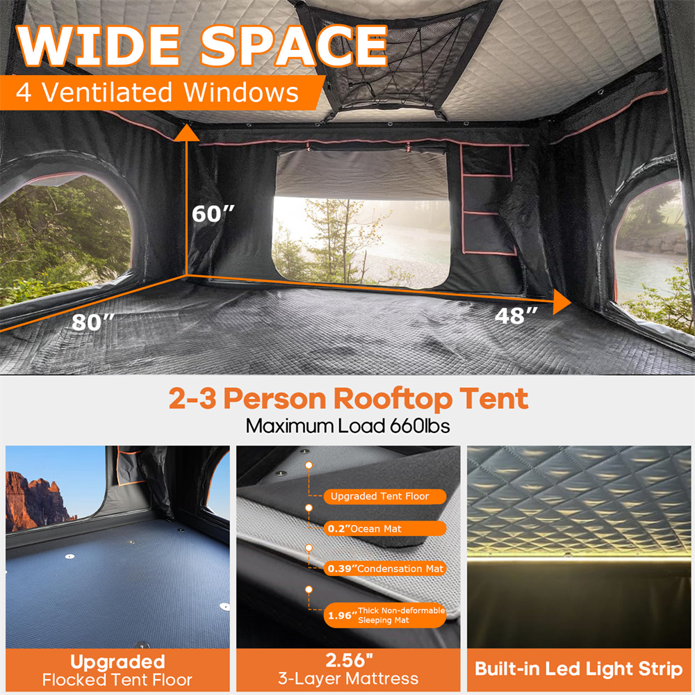 Wildnest Pioneer HD Rooftop Tent Hard Shell with USB Outlet, Winter Thermal Liner, Summer Side Awning&Luggage Racks for 4 Season Camping for Truck Jeep SUV Van Trailer