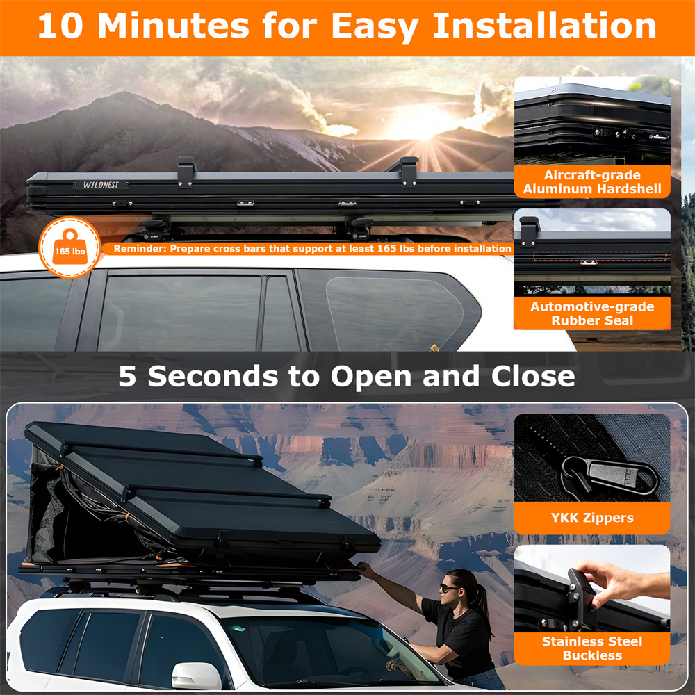 Wildnest Pioneer HD Rooftop Tent Hard Shell with USB Outlet, Winter Thermal Liner, Summer Side Awning&Luggage Racks for 4 Season Camping for Truck Jeep SUV Van Trailer