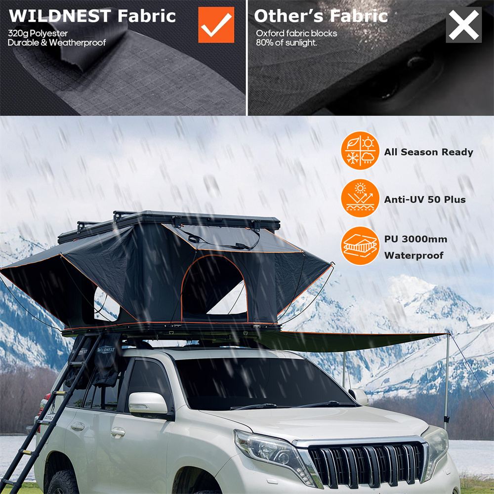 Wildnest Pioneer HD Rooftop Tent Hard Shell with USB Outlet, Winter Thermal Liner, Summer Side Awning&Luggage Racks for 4 Season Camping for Truck Jeep SUV Van Trailer