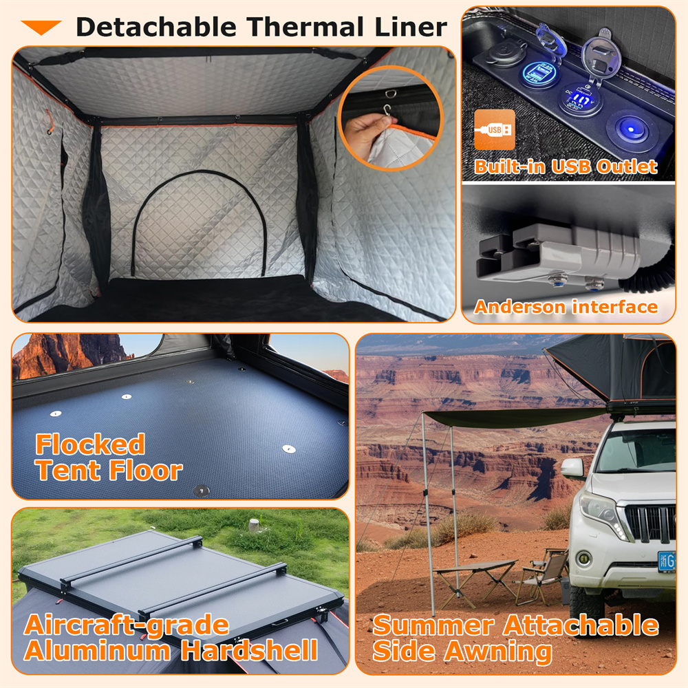 Wildnest Pioneer HD Rooftop Tent Hard Shell with USB Outlet, Winter Thermal Liner, Summer Side Awning&Luggage Racks for 4 Season Camping for Truck Jeep SUV Van Trailer